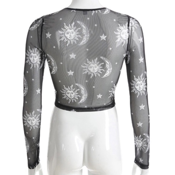 Punky Cosmic Sun Moon Mesh Long Sleeve Crop Top - Picture 6 of 15